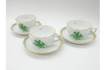 ヘレンド　ハンガリー　HEREND HVNGARY　アポニー・グリーン　繊細な絵付けが上品で落ち着いた雰囲気を醸し出すティーカップ&ソーサー3客セット(C&S、HUNGARY、洋食器)(R-074577)