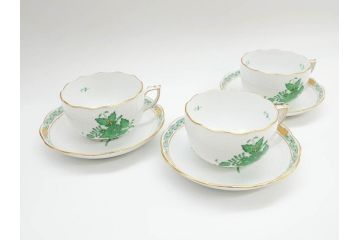 ヘレンド　ハンガリー　HEREND HVNGARY　アポニー・グリーン　繊細な絵付けが上品で落ち着いた雰囲気を醸し出すティーカップ&ソーサー3客セット(C&S、HUNGARY、洋食器)(R-074577)