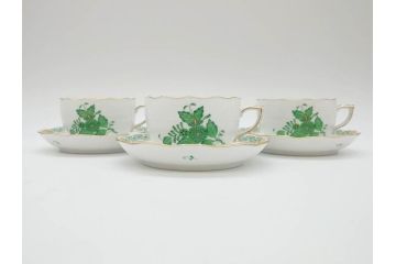 ヘレンド　ハンガリー　HEREND HVNGARY　アポニー・グリーン　繊細な絵付けが上品で落ち着いた雰囲気を醸し出すティーカップ&ソーサー3客セット(C&S、HUNGARY、洋食器)(R-074577)