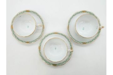 ヘレンド　ハンガリー　HEREND HVNGARY　アポニー・グリーン　繊細な絵付けが上品で落ち着いた雰囲気を醸し出すティーカップ&ソーサー3客セット(C&S、HUNGARY、洋食器)(R-074577)