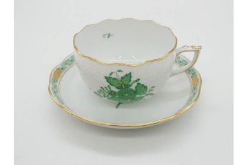 ヘレンド　ハンガリー　HEREND HVNGARY　アポニー・グリーン　繊細な絵付けが上品で落ち着いた雰囲気を醸し出すティーカップ&ソーサー3客セット(C&S、HUNGARY、洋食器)(R-074577)