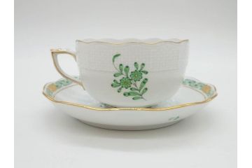 ヘレンド　ハンガリー　HEREND HVNGARY　アポニー・グリーン　繊細な絵付けが上品で落ち着いた雰囲気を醸し出すティーカップ&ソーサー3客セット(C&S、HUNGARY、洋食器)(R-074577)