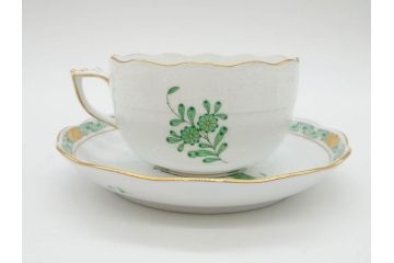ヘレンド　ハンガリー　HEREND HVNGARY　アポニー・グリーン　繊細な絵付けが上品で落ち着いた雰囲気を醸し出すティーカップ&ソーサー3客セット(C&S、HUNGARY、洋食器)(R-074577)