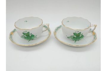 ヘレンド　ハンガリー　HEREND HVNGARY　アポニー・グリーン　繊細な絵付けが上品で落ち着いた雰囲気を醸し出すティーカップ&ソーサー2客セット(C&S、HUNGARY、洋食器)(R-074578)