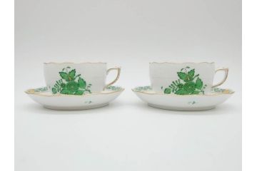 ヘレンド　ハンガリー　HEREND HVNGARY　アポニー・グリーン　繊細な絵付けが上品で落ち着いた雰囲気を醸し出すティーカップ&ソーサー2客セット(C&S、HUNGARY、洋食器)(R-074578)