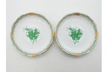 ヘレンド　ハンガリー　HEREND HVNGARY　アポニー・グリーン　繊細な絵付けが上品で落ち着いた雰囲気を醸し出すティーカップ&ソーサー2客セット(C&S、HUNGARY、洋食器)(R-074578)