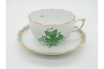 ヘレンド　ハンガリー　HEREND HVNGARY　アポニー・グリーン　繊細な絵付けが上品で落ち着いた雰囲気を醸し出すティーカップ&ソーサー2客セット(C&S、HUNGARY、洋食器)(R-074578)