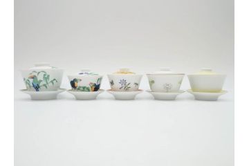 フランス　HERMES(エルメス)　トゥカン/アフリカ/ナイルの庭/シエスタ　それぞれ華やかなデザインが素敵なアジアンティーカップ&ソーサー5客セット(Toucans/AFRiCA/nile/Siesta、湯呑み、湯のみ、蓋付き、C&S、洋食器)(R-074582)