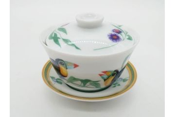フランス　HERMES(エルメス)　トゥカン/アフリカ/ナイルの庭/シエスタ　それぞれ華やかなデザインが素敵なアジアンティーカップ&ソーサー5客セット(Toucans/AFRiCA/nile/Siesta、湯呑み、湯のみ、蓋付き、C&S、洋食器)(R-074582)