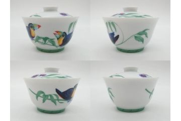 フランス　HERMES(エルメス)　トゥカン/アフリカ/ナイルの庭/シエスタ　それぞれ華やかなデザインが素敵なアジアンティーカップ&ソーサー5客セット(Toucans/AFRiCA/nile/Siesta、湯呑み、湯のみ、蓋付き、C&S、洋食器)(R-074582)