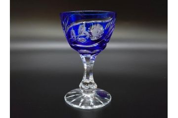 ドイツ　ドレスデンクリスタル(DRESDEN KRISTALL)　形違い　5種類　色被切子　繊細なカットと上品なブルーカラーが素敵なグラス5客セット(酒杯、ガラス)(R-074597)