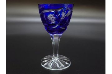 ドイツ　ドレスデンクリスタル(DRESDEN KRISTALL)　形違い　5種類　色被切子　繊細なカットと上品なブルーカラーが素敵なグラス5客セット(酒杯、ガラス)(R-074597)