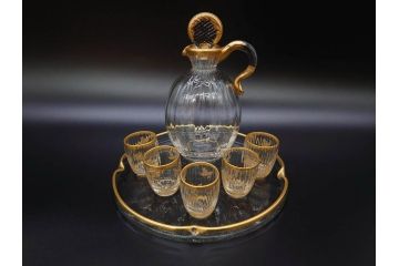 フランス　ドーム兄弟　ドームナンシー(Daum nancy)　金彩　煌びやかなゴールドのデザインが高級感漂うポット&グラス&トレー7点セット(カラフ、トレイ、グラス5客、ガラス)(R-074598)