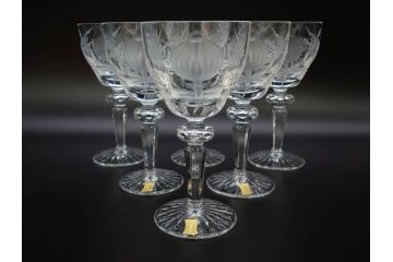 ドイツ　マイセン　Meissen　ブルーオニオン　クリスタル　M刻印　緻密なカットが美しいワイングラス6客セット(ガラス、MEISSENER BLEIKRISTALL)(R-074599)