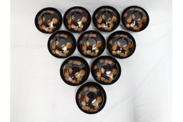 輪島塗　花寄　約14cm　4.6寸　丁寧に描かれた蒔絵が上品な雰囲気を高める吸物椀10客セット(お椀、漆器、和食器、黒漆、共箱付き、四寸六分)(R-074600)