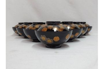 輪島塗　花寄　約14cm　4.6寸　丁寧に描かれた蒔絵が上品な雰囲気を高める吸物椀10客セット(お椀、漆器、和食器、黒漆、共箱付き、四寸六分)(R-074600)