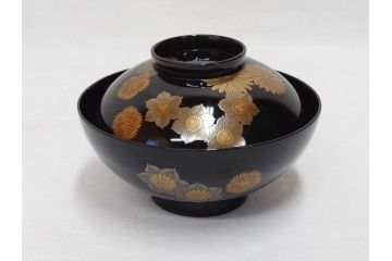 輪島塗　花寄　約14cm　4.6寸　丁寧に描かれた蒔絵が上品な雰囲気を高める吸物椀10客セット(お椀、漆器、和食器、黒漆、共箱付き、四寸六分)(R-074600)