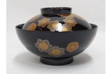 輪島塗　花寄　約14cm　4.6寸　丁寧に描かれた蒔絵が上品な雰囲気を高める吸物椀10客セット(お椀、漆器、和食器、黒漆、共箱付き、四寸六分)(R-074600)