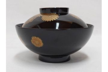 輪島塗　花寄　約14cm　4.6寸　丁寧に描かれた蒔絵が上品な雰囲気を高める吸物椀10客セット(お椀、漆器、和食器、黒漆、共箱付き、四寸六分)(R-074600)
