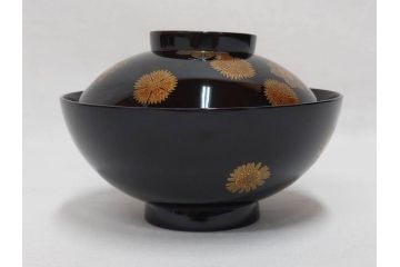 輪島塗　花寄　約14cm　4.6寸　丁寧に描かれた蒔絵が上品な雰囲気を高める吸物椀10客セット(お椀、漆器、和食器、黒漆、共箱付き、四寸六分)(R-074600)