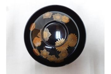 輪島塗　花寄　約14cm　4.6寸　丁寧に描かれた蒔絵が上品な雰囲気を高める吸物椀10客セット(お椀、漆器、和食器、黒漆、共箱付き、四寸六分)(R-074600)