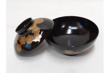 輪島塗　花寄　約14cm　4.6寸　丁寧に描かれた蒔絵が上品な雰囲気を高める吸物椀10客セット(お椀、漆器、和食器、黒漆、共箱付き、四寸六分)(R-074600)