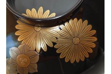 輪島塗　花寄　約14cm　4.6寸　丁寧に描かれた蒔絵が上品な雰囲気を高める吸物椀10客セット(お椀、漆器、和食器、黒漆、共箱付き、四寸六分)(R-074600)