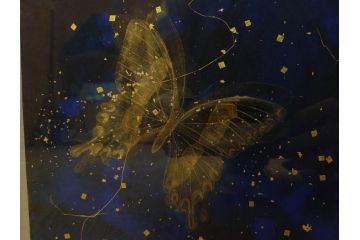 真作　現代日本画家　大竹寛子　「Psyche -gold butterfly- Vol.4」　M6(6号)(生命としての蝶、プシュケー、絵画、額装、共シール、箱付き)(R-074609)