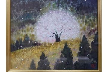 【真作】 日本画家　木村圭吾　「丘の春 醍醐桜」　2002年制作　4号P(木村圭吾さくら美術館、絵画、額装、共シール、箱付き)(R-074610)