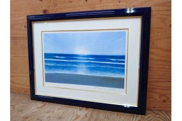 【真作】 加山雄三　サイン入り　4/100　リトグラフ(海、波、版画、額装、風景画)(R-074612)