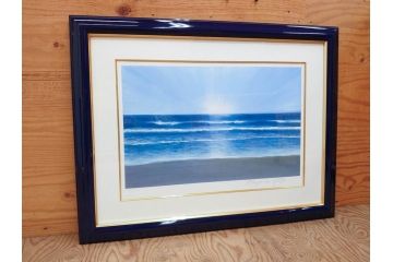 【真作】 加山雄三　サイン入り　4/100　リトグラフ(海、波、版画、額装、風景画)(R-074612)