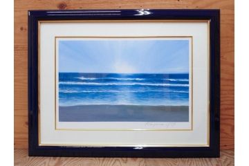 【真作】 加山雄三　サイン入り　4/100　リトグラフ(海、波、版画、額装、風景画)(R-074612)