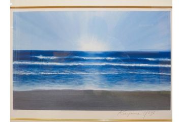 【真作】 加山雄三　サイン入り　4/100　リトグラフ(海、波、版画、額装、風景画)(R-074612)
