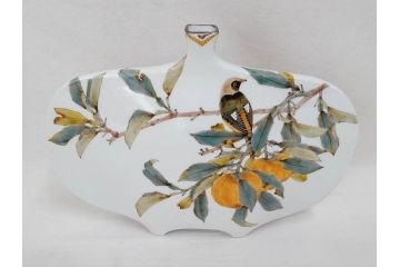 山田義明　九谷焼　色絵　高さ約24cm　美しい絵柄と色合いに魅了される扁壷(壺、鳥、共箱付き)(R-074613)