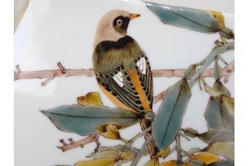 山田義明　九谷焼　色絵　高さ約24cm　美しい絵柄と色合いに魅了される扁壷(壺、鳥、共箱付き)(R-074613)