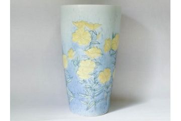 三浦シュレイ　月見草　繊細な絵柄と美しい色彩に魅了される花瓶(朱鈴、しゅ鈴、朱鈴、花器、花入、共箱付き)(R-074615)