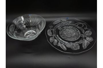 ビンテージ　Nuutajarvi　ヌータヤルヴィ　廃番　Pioni　ピオニ　大胆かつ繊細なデザインに魅了されるプレート&ボウルセット(シール有り、皿、ガラス、ヴィンテージ、北欧食器)(R-074616)