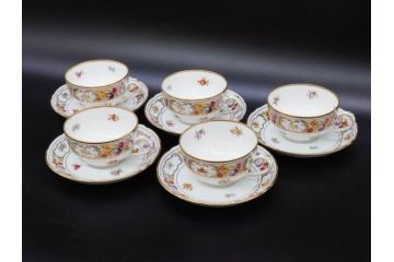 ドイツ　ドレスデン　シューマン ババリア　SCHUMANN BAVARIA　 フラワー　美しい金彩のデザインが華やかな雰囲気を醸し出すティーカップ&ソーサー5客セット(C&S、花、洋食器)(R-074619)