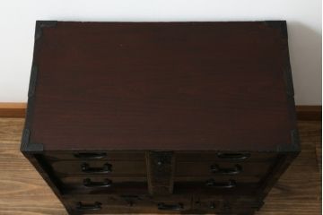 和製アンティーク　総桐材　黒漆塗り　歴史を感じさせる佇まいが魅力的な庄内小箪笥(庄内箪笥、収納箪笥、和タンス、引き出し、サイドチェスト)(R-074629)