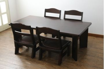 中古　北海道民芸家具　#694高座椅子　希少な絶版品! シックで落ち着いた空間づくりに活躍する高座卓ダイニングセット(ダイニングテーブル、4人掛け、4P、ダイニングチェア、板座チェア、椅子、イス、いす、食卓)(R-074635)