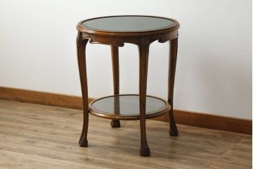 中古　美品　イタリア高級家具　メデア(Medea)　品のある佇まいが美しいガラストップサイドテーブル(コーヒーテーブル、ラウンドテーブル、花台、飾り台)(R-074660)