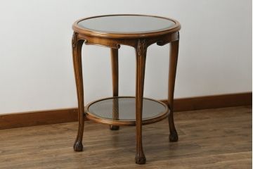 中古　美品　イタリア高級家具　メデア(Medea)　品のある佇まいが美しいガラストップサイドテーブル(コーヒーテーブル、ラウンドテーブル、花台、飾り台)(R-074660)