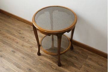 中古　美品　イタリア高級家具　メデア(Medea)　品のある佇まいが美しいガラストップサイドテーブル(コーヒーテーブル、ラウンドテーブル、花台、飾り台)(R-074660)