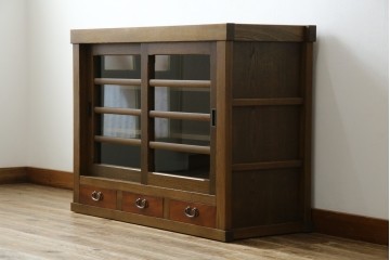 中古　美品!!　国産職人手作り　欅(ケヤキ)材　和モダンな空間づくりにも活躍する高級水屋箪笥サイドボード　(R-074666)