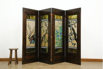 中古　美品!!　ステンドグラス作家　川島政則作　「春夏秋冬」　四季の描写が美しい四曲一隻ステンドグラス屏風(パーテーション、衝立て、衝い立て、つい立て、間仕切り、折りたたみ)(発表価格約165万円)(R-074693)