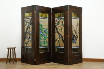 中古　美品!!　ステンドグラス作家　川島政則作　「春夏秋冬」　四季の描写が美しい四曲一隻ステンドグラス屏風(パーテーション、衝立て、衝い立て、つい立て、間仕切り、折りたたみ)(発表価格約165万円)(R-074693)
