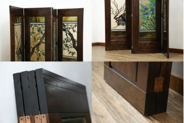 中古　美品!!　ステンドグラス作家　川島政則作　「春夏秋冬」　四季の描写が美しい四曲一隻ステンドグラス屏風(パーテーション、衝立て、衝い立て、つい立て、間仕切り、折りたたみ)(発表価格約165万円)(R-074693)
