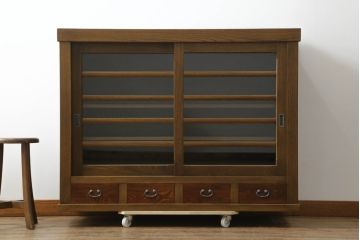 中古　美品!!　国産職人手作り　欅(ケヤキ)材　和モダンな空間作りにも活躍する高級水屋箪笥サイドボード(サイドキャビネット、収納棚、戸棚、食器棚)(R-074695)