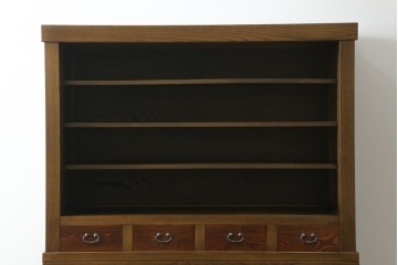 中古　美品!!　国産職人手作り　欅(ケヤキ)材　高級水屋箪笥上段　モダンな横桟ガラス引き戸が魅力の戸棚　(R-074695)