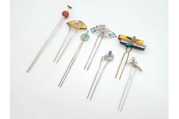 アンティーク　ビンテージ　螺鈿　珊瑚　翡翠　簪7本セット(サンゴ、ヒスイ、かんざし、和装小物、髪飾り、アクセサリー、玉簪、バチ型、平打ち簪、ヴィンテージ)(R-074716)